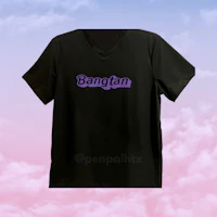 a black v - neck t - shirt with the word bangtan on it